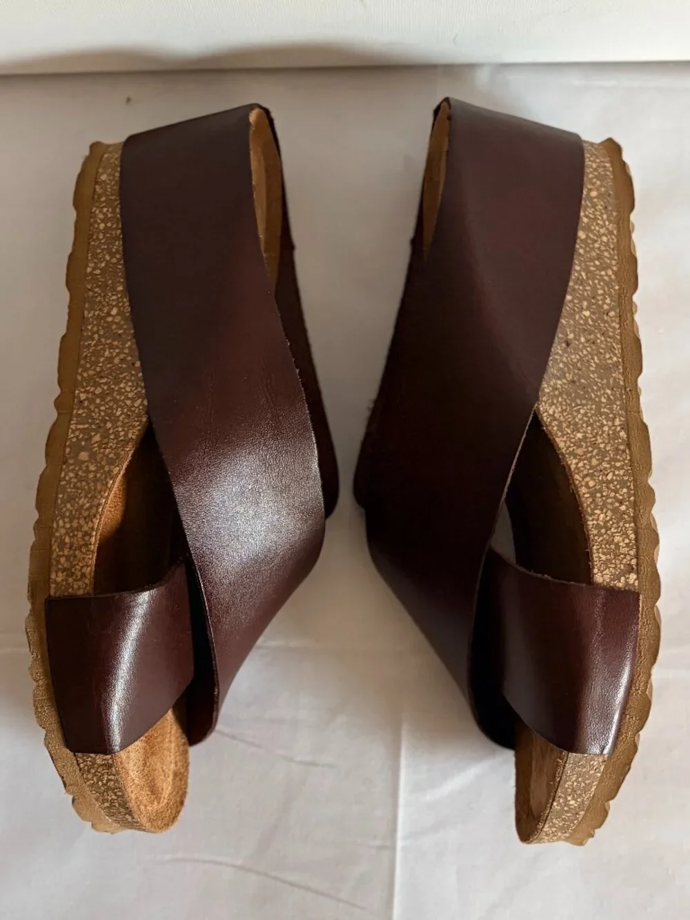 Yokono Spain Brown Leather Cross Over Strap Slide Boho Cork Wedge Sandle Sz 8